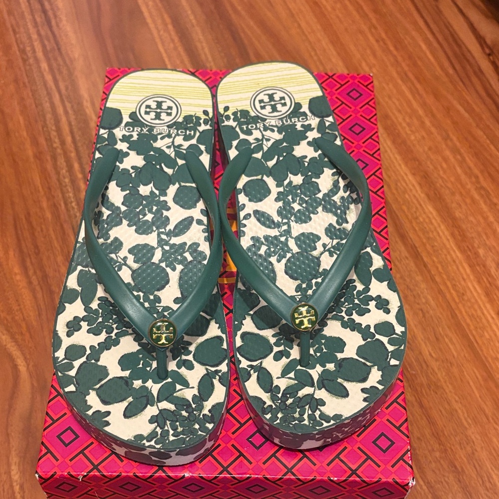 Tory Burch Dark Green Floral Flip Flops